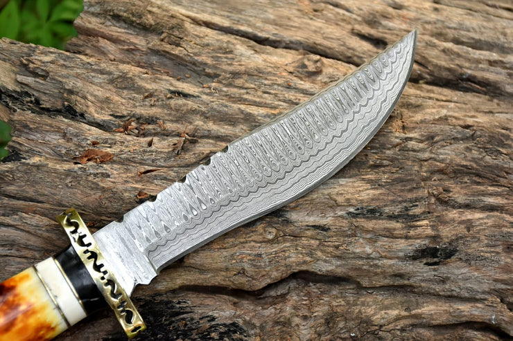 Custom Handmade Damascus Hunting Knife with Resin & Stag Handel
