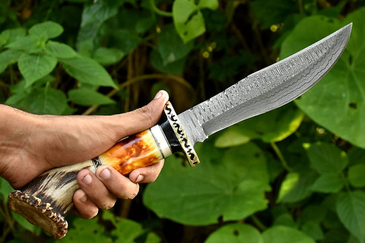 Custom Handmade Damascus Hunting Knife with Resin & Stag Handel