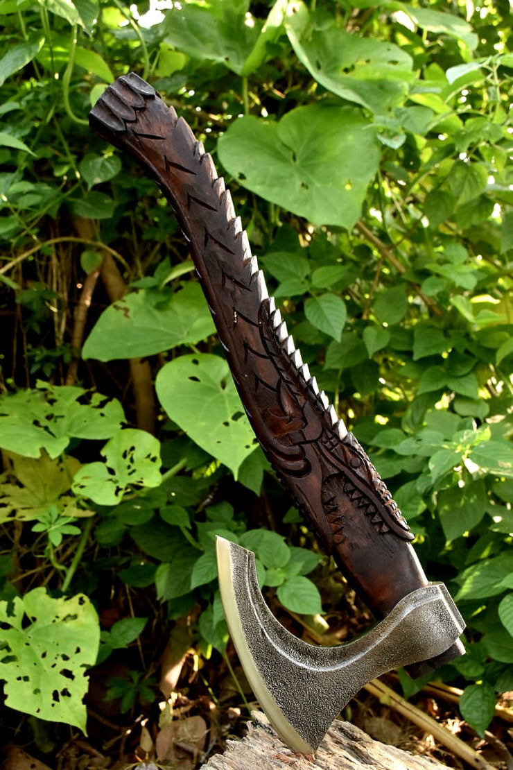 Premium Engraved Custom Hand Forged Carbon Steel Axe with Ash Wood Shaft - Viking Axe