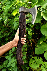 Premium Engraved Custom Hand Forged Carbon Steel Axe with Ash Wood Shaft - Viking Axe